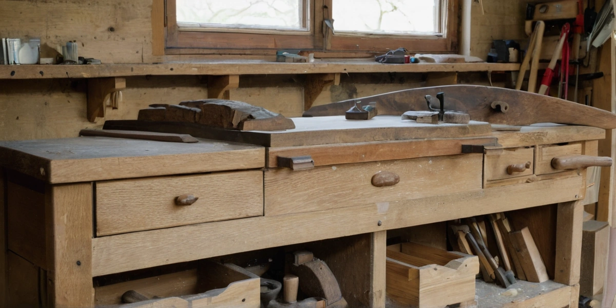 A workbench with a hand plane, a marking gauge and shavings on a partly finished oak panel