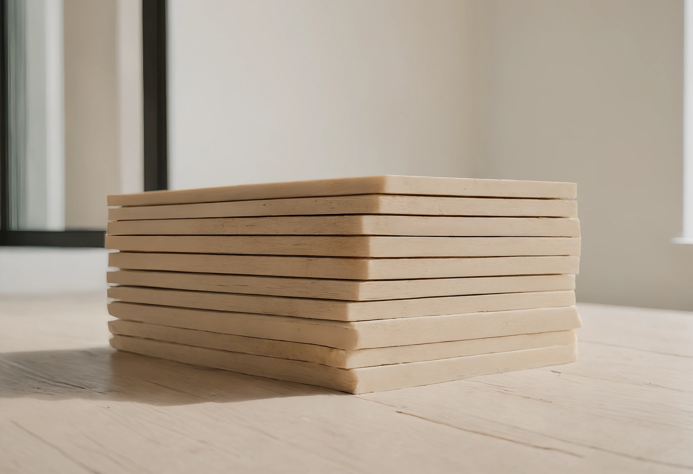 Stack of planed pale oak boards resting on the floor of an empty bright apartment room by a window