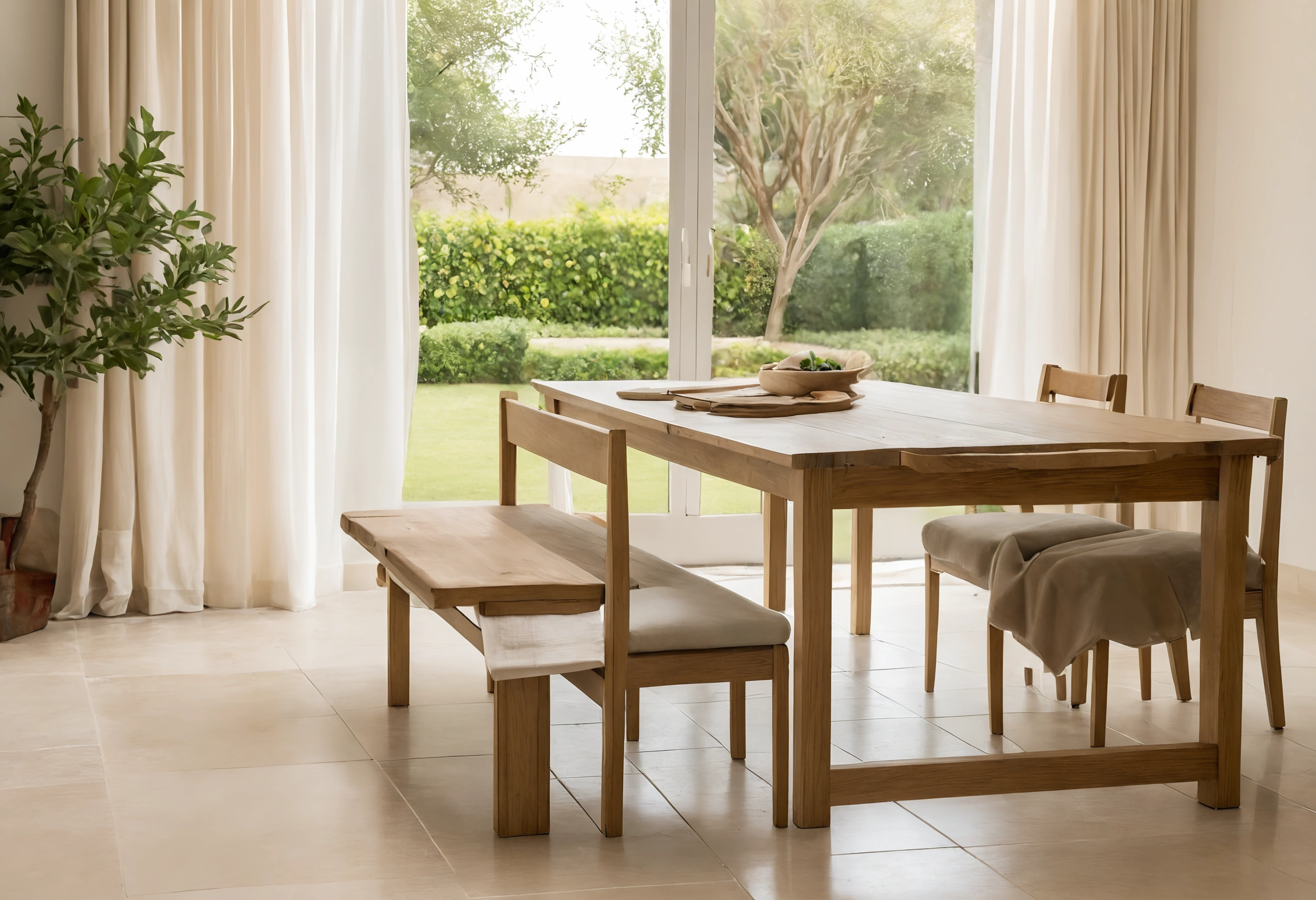 Solid oak dining table with a bench and chairs in a villa dining room, sheer curtains at sliding doors to a garden