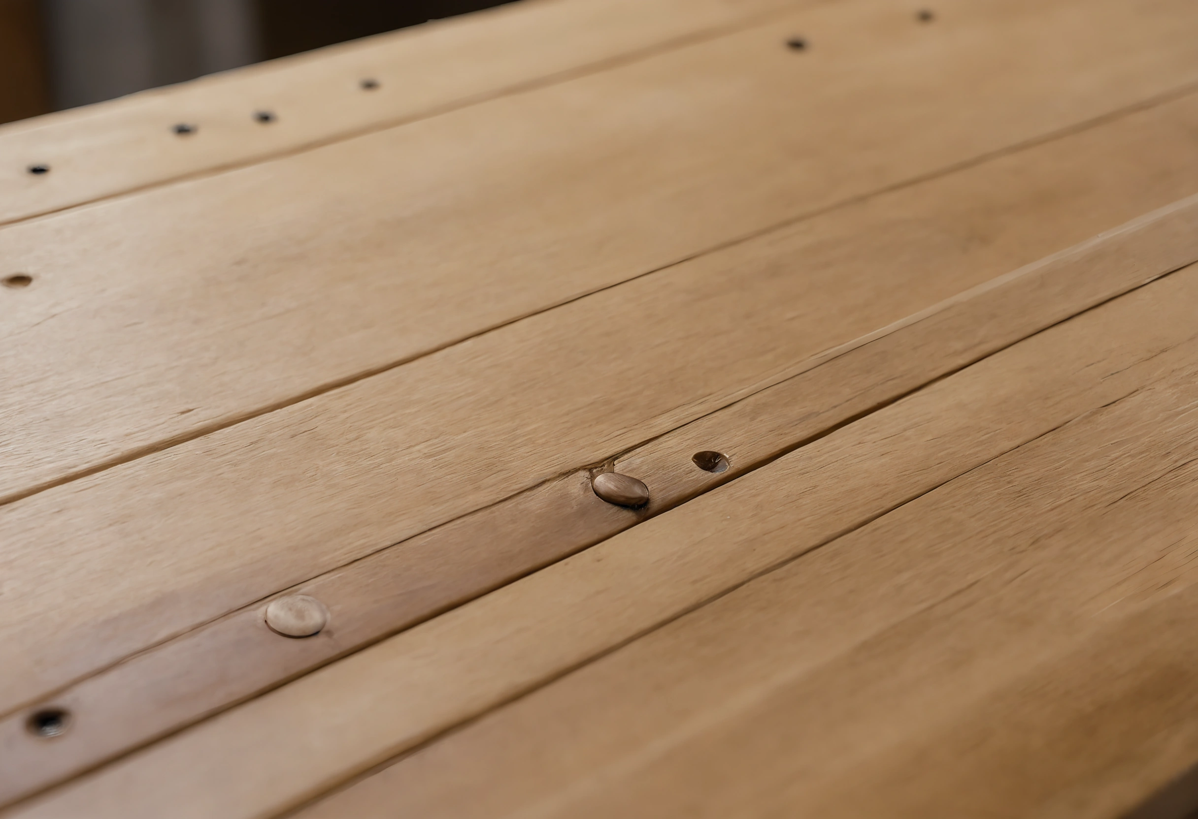 Close view of a solid oak board surface with small round wooden plugs set into the grain