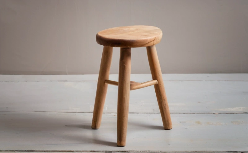 A small three legged ash stool with splayed round legs and wedged through tenons visible in the seat